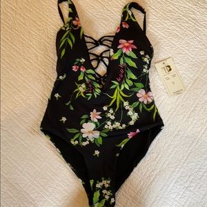 NWT TINI BIKINI black floral one piece swim